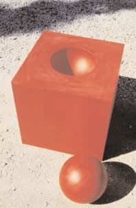 Cube with a Sphere, 1976, painted steel, 101.6 x 101.6 x 111.8 cm. Collection of the artist