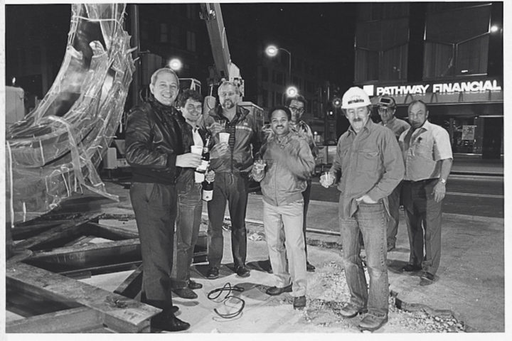 Being Born installation. Ferrari and workers celebrate. Chicago, IL, USA, 1983. Personal photograph.