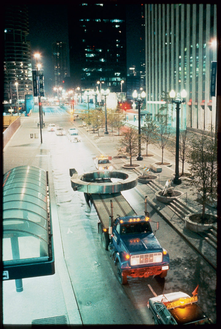 Being Born installation. Sculpture being transported down State Street. Chicago, IL, USA, 1983. Personal photograph.