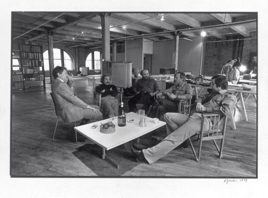 Rowe Building meeting. George Hinds, architect; P. Cooper, architect; Ron Gordon, photographer; Ferrari; and Ken Schroeder, architect