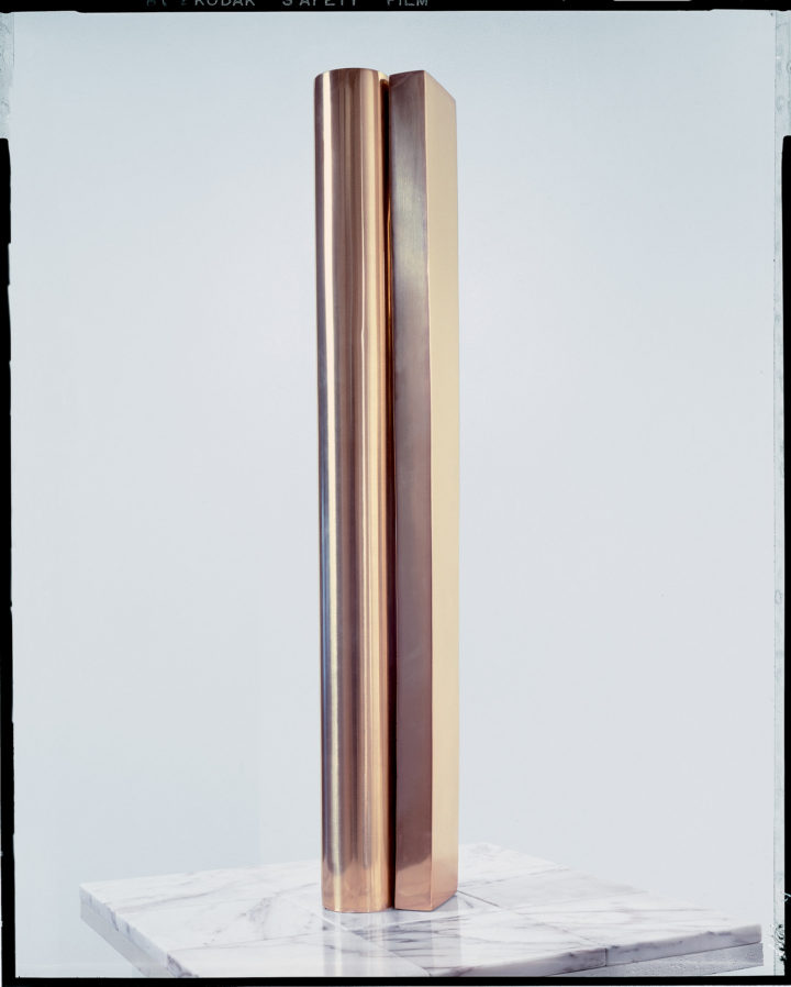 Cylinder in a Prism (maquette), 1979, Bronze and Rosa Aurora marble, 68.5 x 14 x 14 cm. Collection of the Vanderbilt Medical Center, Vanderbilt University Hospital Building, Nashville, TN, USA, 1980.