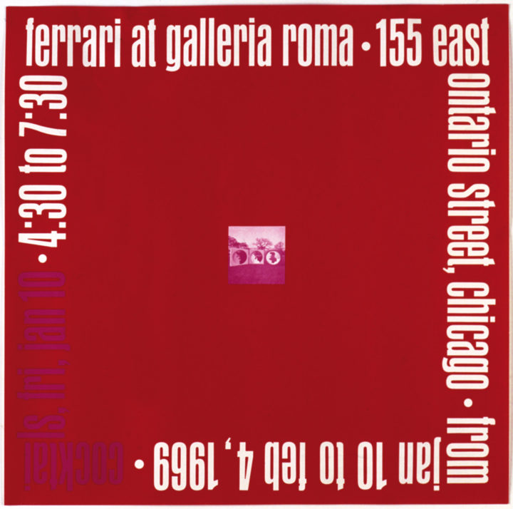 Ferrari at Galleria Roma, Galleria Roma, Chicago, IL, USA, 1969. Solo exhibition poster (includes sculptures Amore—Love I, II, and III, 1968).
