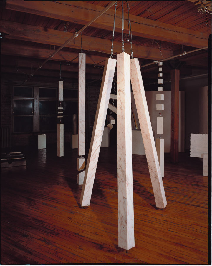 Vertical Elements, 1979, Rosa Aurora Marble, 244 x 178 x 178 cm. 	Collection of the artist.