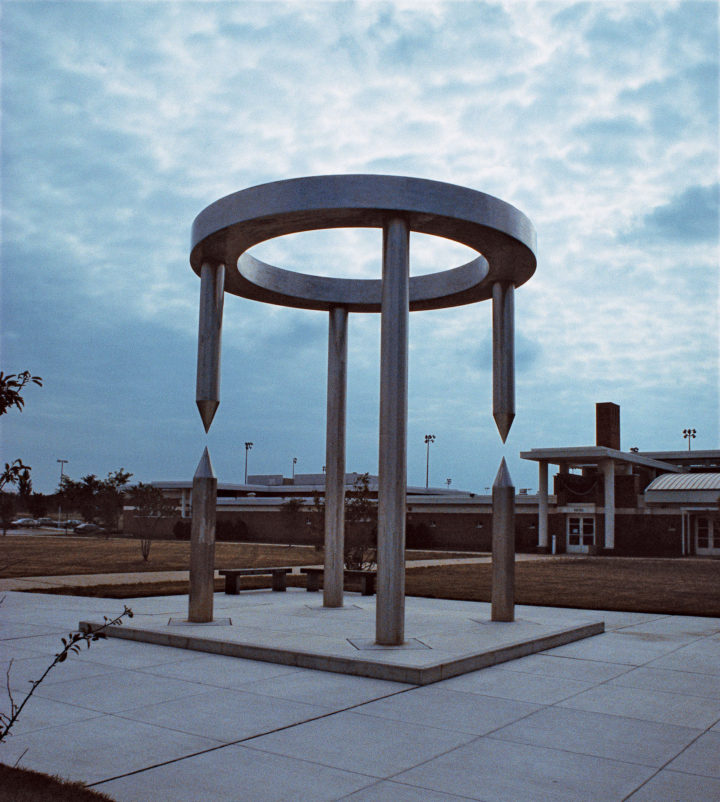 Ara Pacis, or Ara Pace—Place of Peace, 1995, stainless steel, limestone & concrete, 457.2 x 1219.2 x 1219.2 cm. 
Collection of the Village of Orland Park, Village Hall Veterans Memorial, Orland Park, IL, USA, 1995.