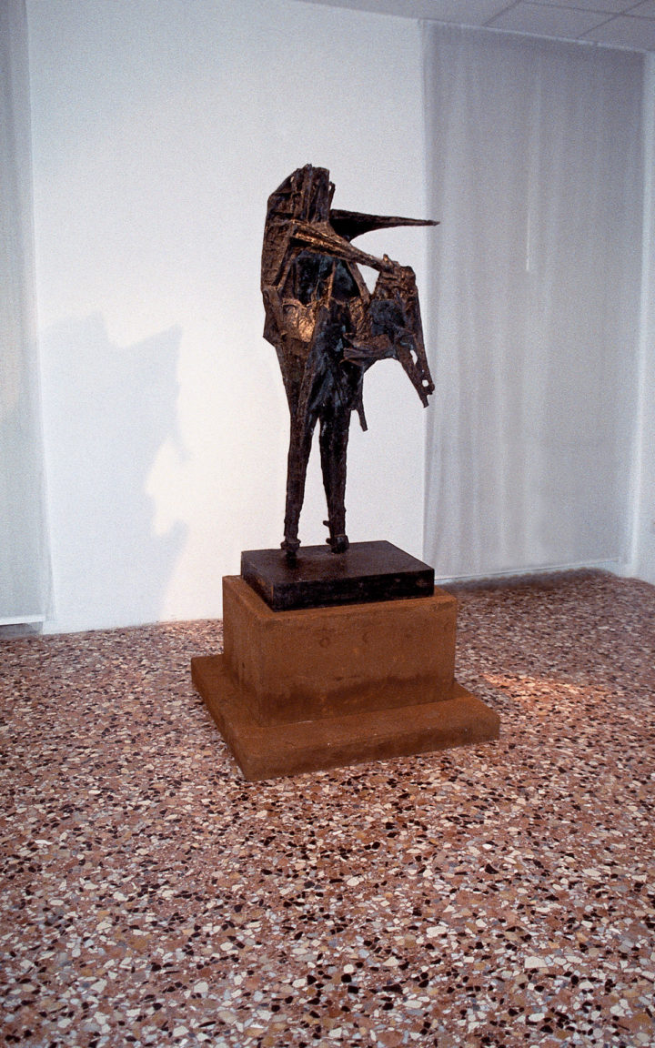 Figura con animale, 1959, bronze, 170 x 75 x 50 cm. Collection of the Università degli Studi di Parma, Centro Studi e Archivio della Comunicazione (CSAC), Parma, Italy, 2009.
